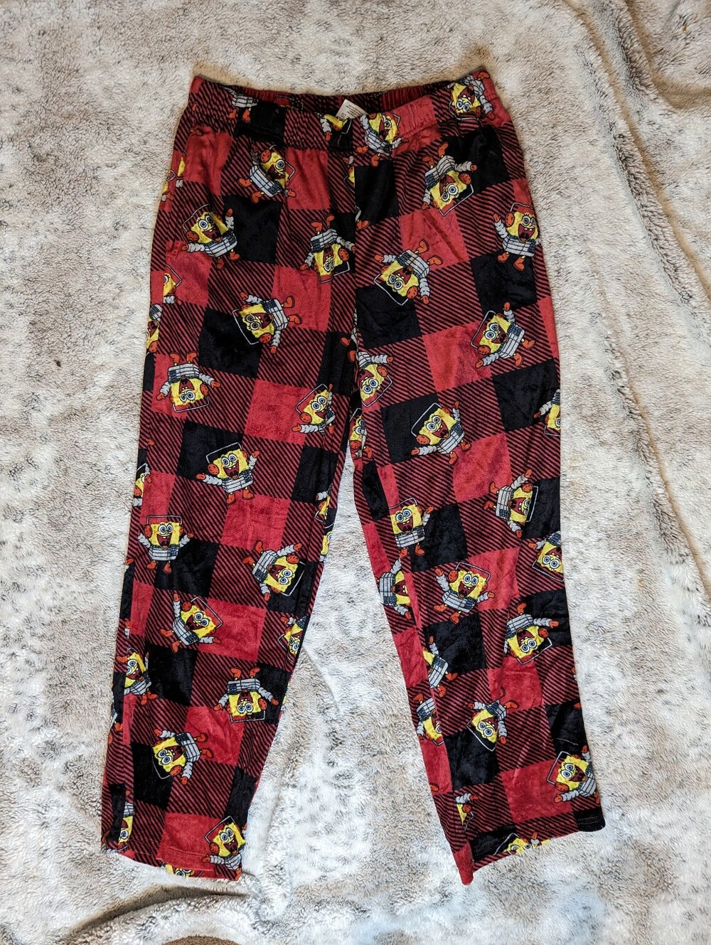 SpongeBob SquarePants Buffalo Plaid Fleece Pajama Pants Winter Earmuffs Size XL